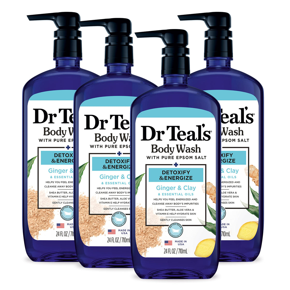 Dr Teal's Body Wash bottle with ginger and clay for an energizing cleanse.