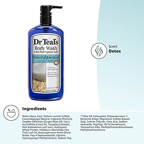 Dr Teal's ginger-clay bottle emphasizes detoxifying blend for naturally refreshed skin.