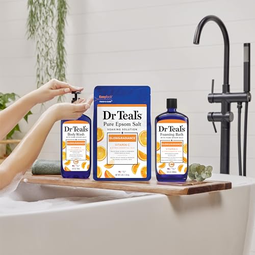 Pouring rich lather from Dr Teal's body wash, highlighting hydration and cleansing action.