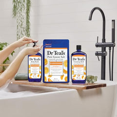 Pouring rich lather from Dr Teal's body wash, highlighting hydration and cleansing action.