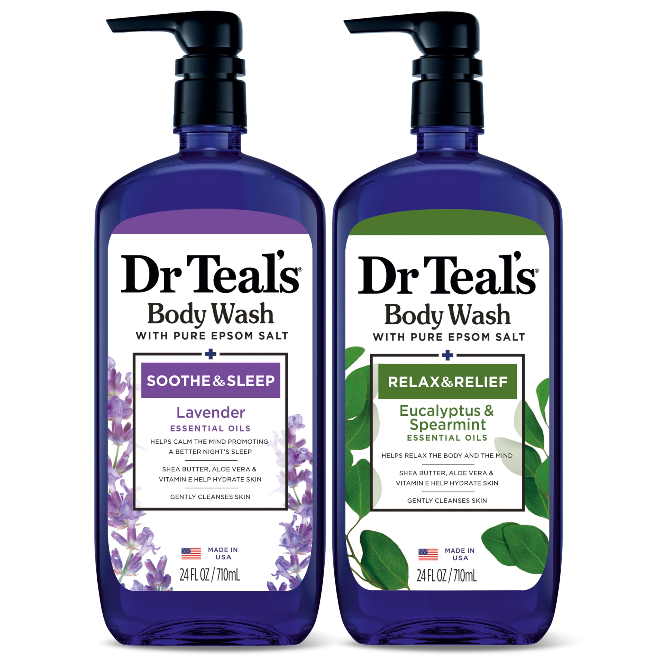 Dr Teal's Lavender Eucalyptus body wash bottle being poured for a relaxing cleanse.