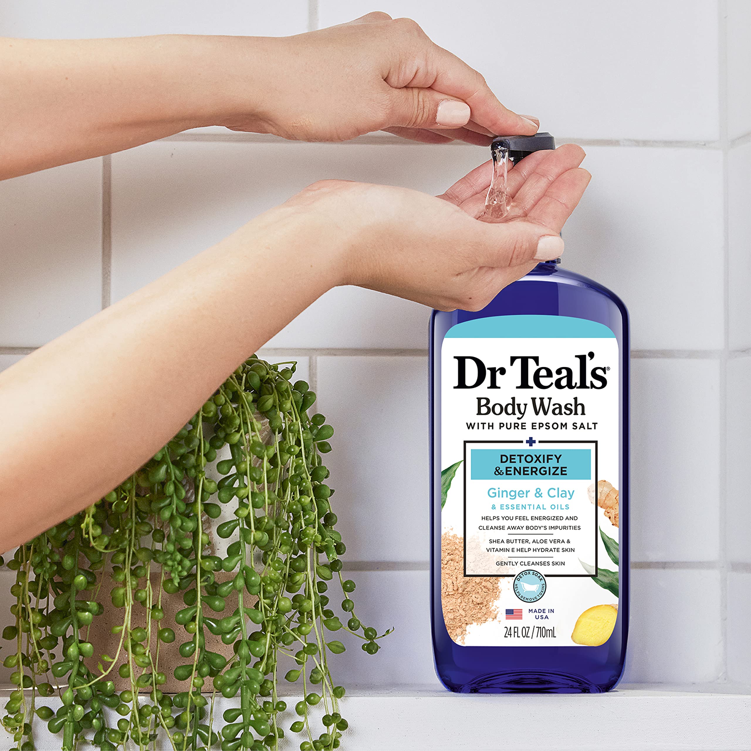 Dr Teal's Body Wash bottle pouring lather with ginger-clay aroma for refreshment.