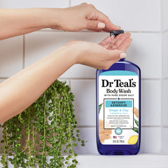 Dr Teal's Body Wash bottle pouring lather with ginger-clay aroma for refreshment.