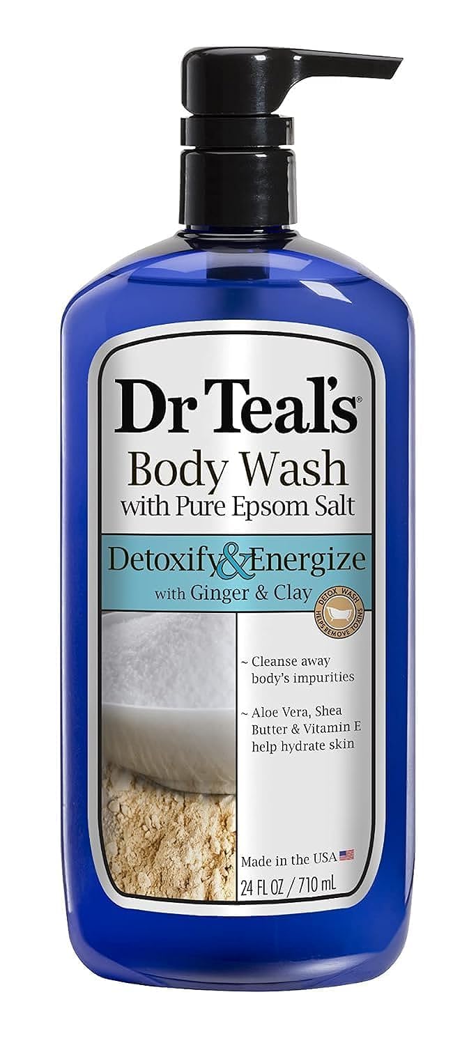 Dr Teal's body wash bottle highlights pure Epsom salt for soothing tired muscles.