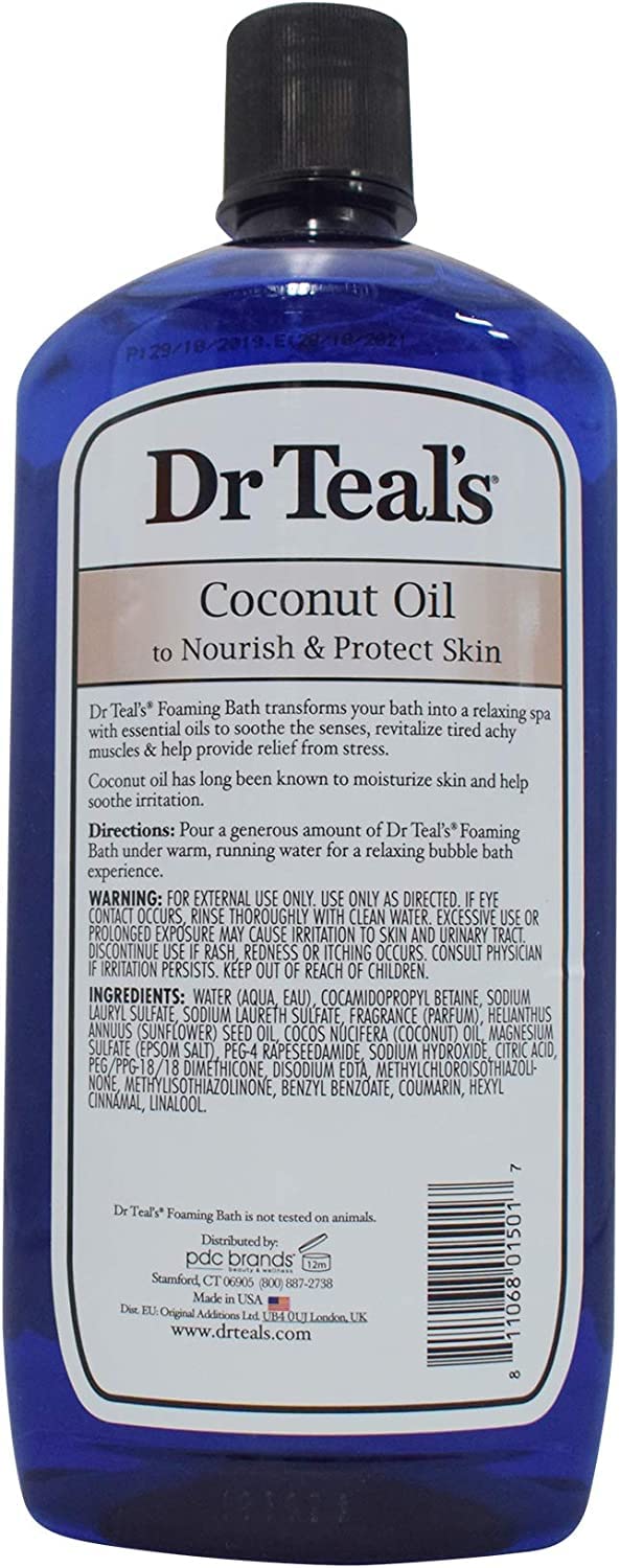 Three 34 oz bottles of Dr Teal's Coconut Oil Foaming Bath highlight Nourish & Protect and Epsom salts.