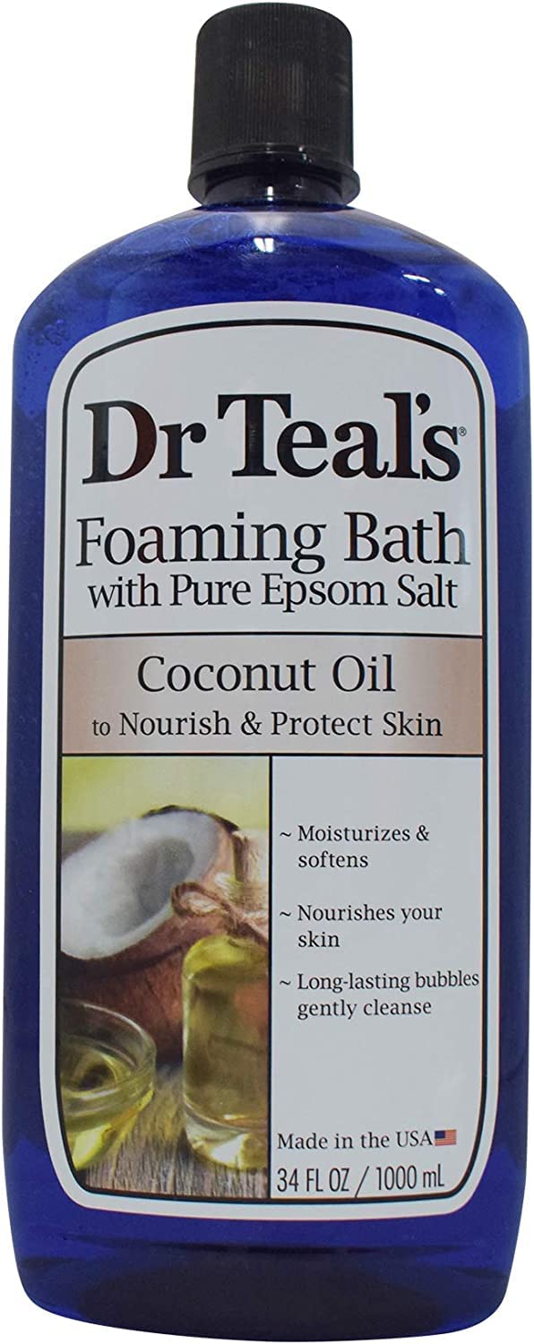 Dr Teal's foaming bath shows luxurious lather inviting a soothing soak after a long day.