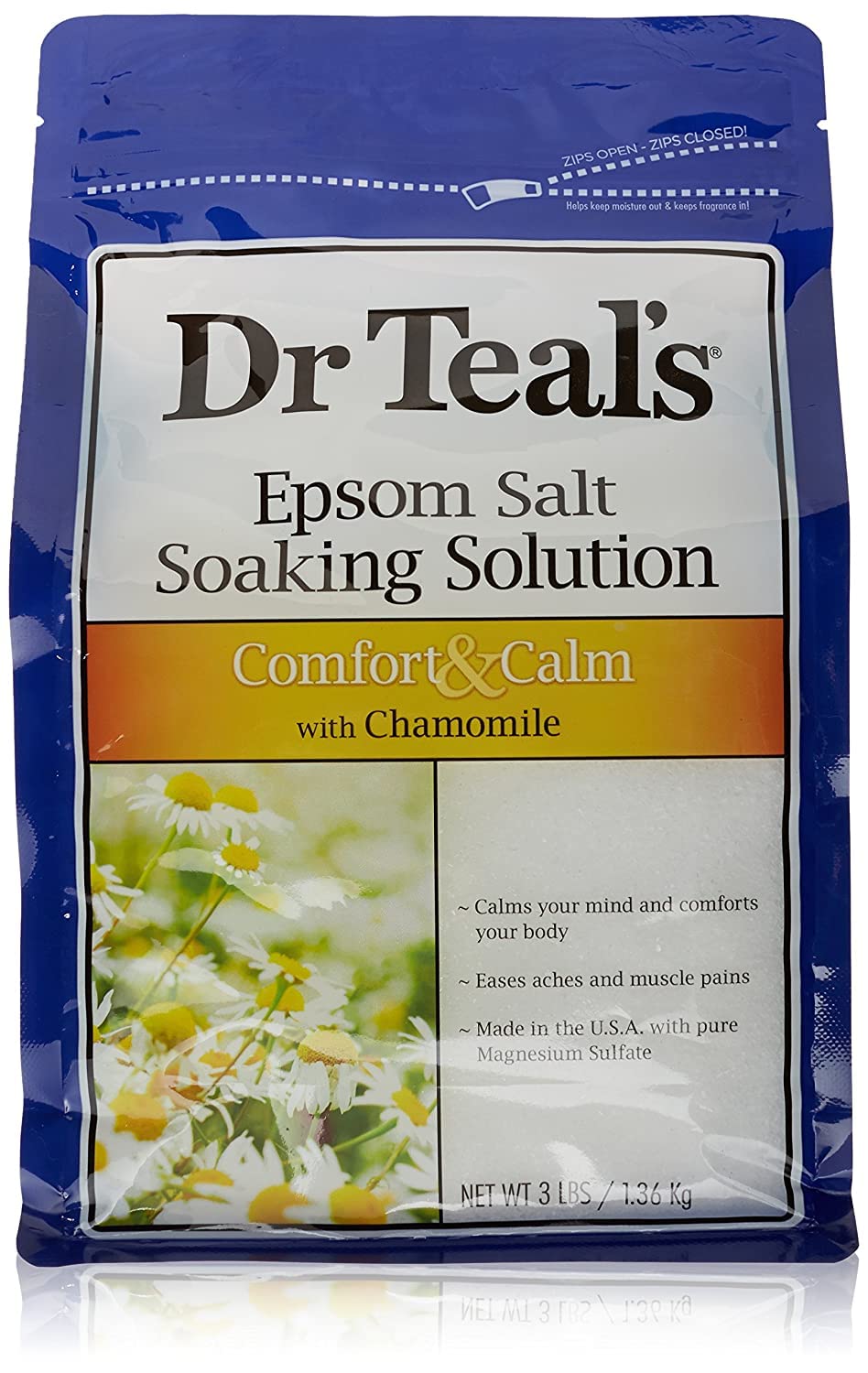 Dr Teal's Comfort & Calm chamomile essential oils closeup highlighting relaxation and stress relief.