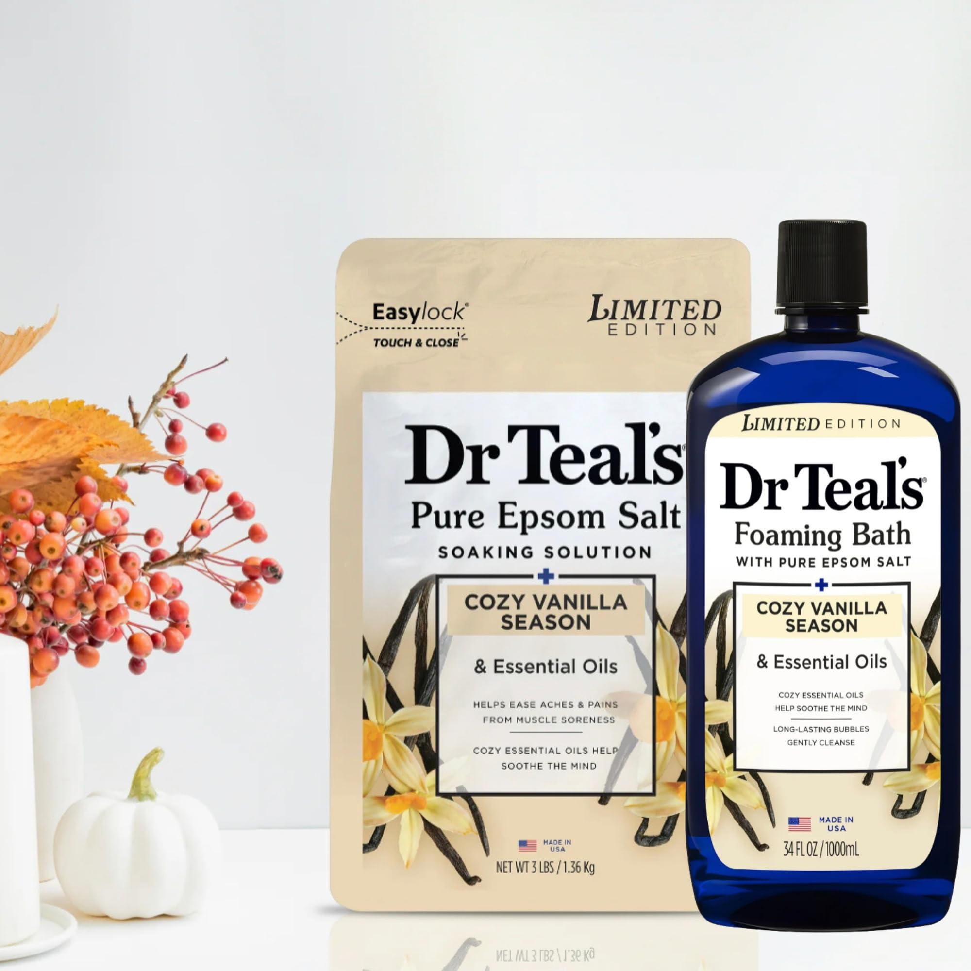 Dr Teal's Cozy Vanilla Season exfoliant idea image blending salt with body wash.