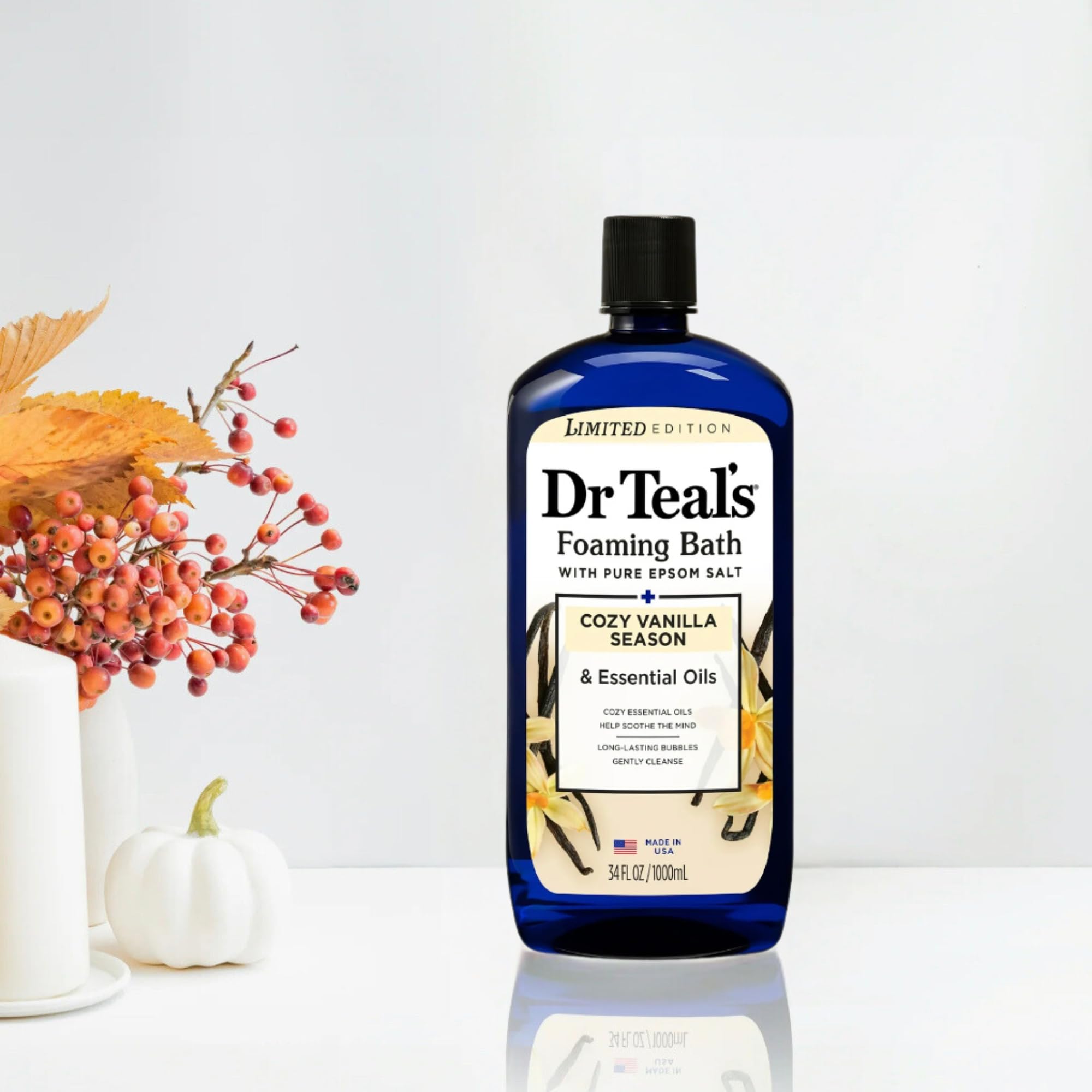 Dr Teal's Cozy Vanilla Season foaming bath bottle bubbles for unwinding.