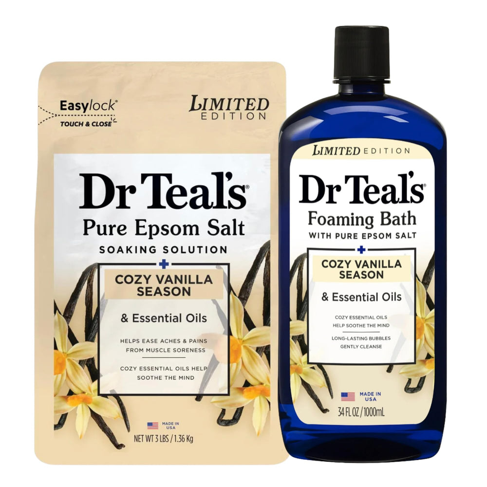 Dr Teal's Cozy Vanilla Season packaging wrap evokes seasonal relaxation.