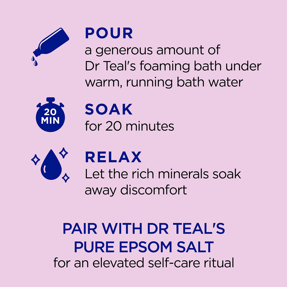 Dr Teal's Elderberry bath pour showing creamy foam for soothing soak.