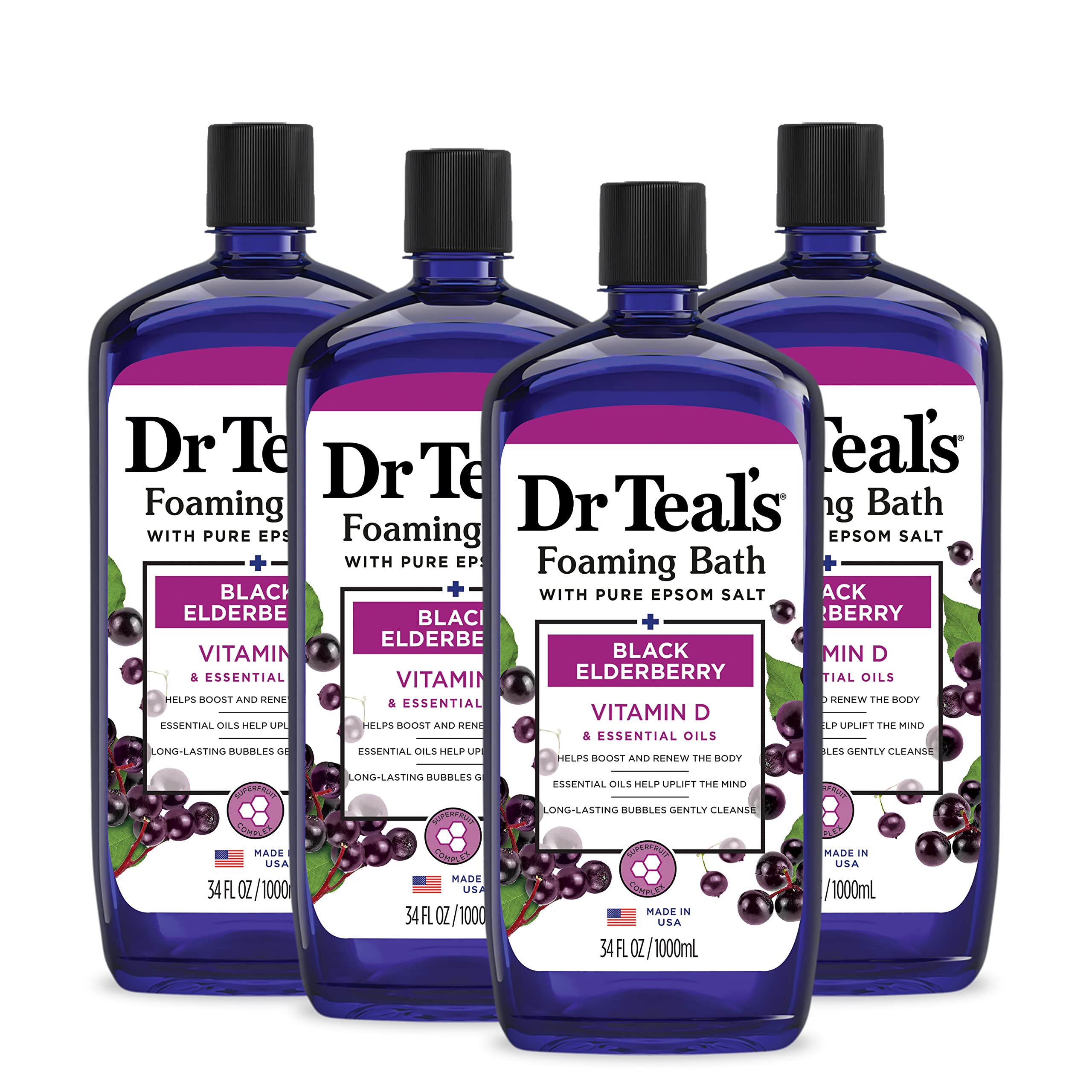 Dr Teal's Elderberry foaming bath bottle displaying calming mood-boosting formula.