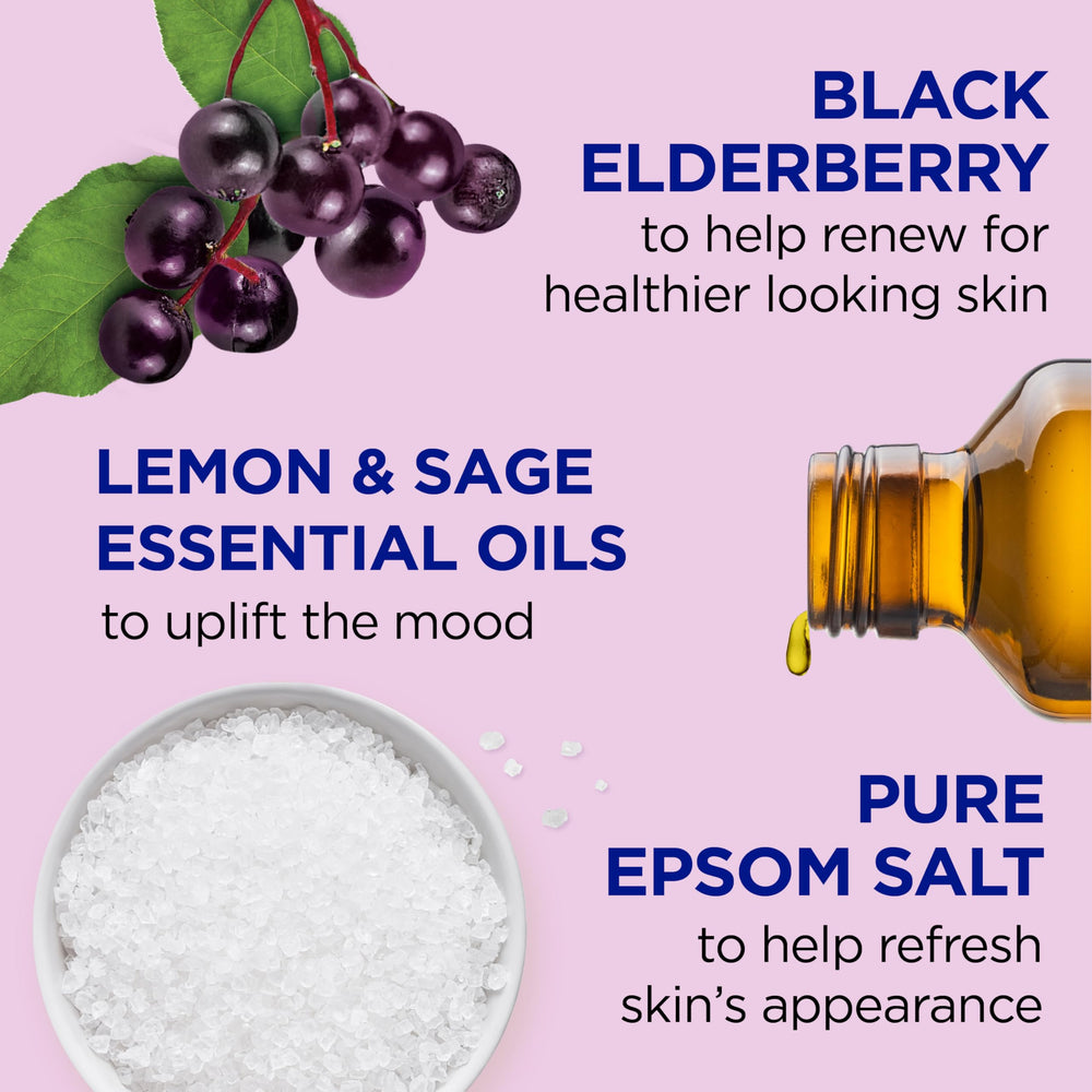 Dr Teal's Elderberry foaming bath bubbles in a tub for relaxing soak.