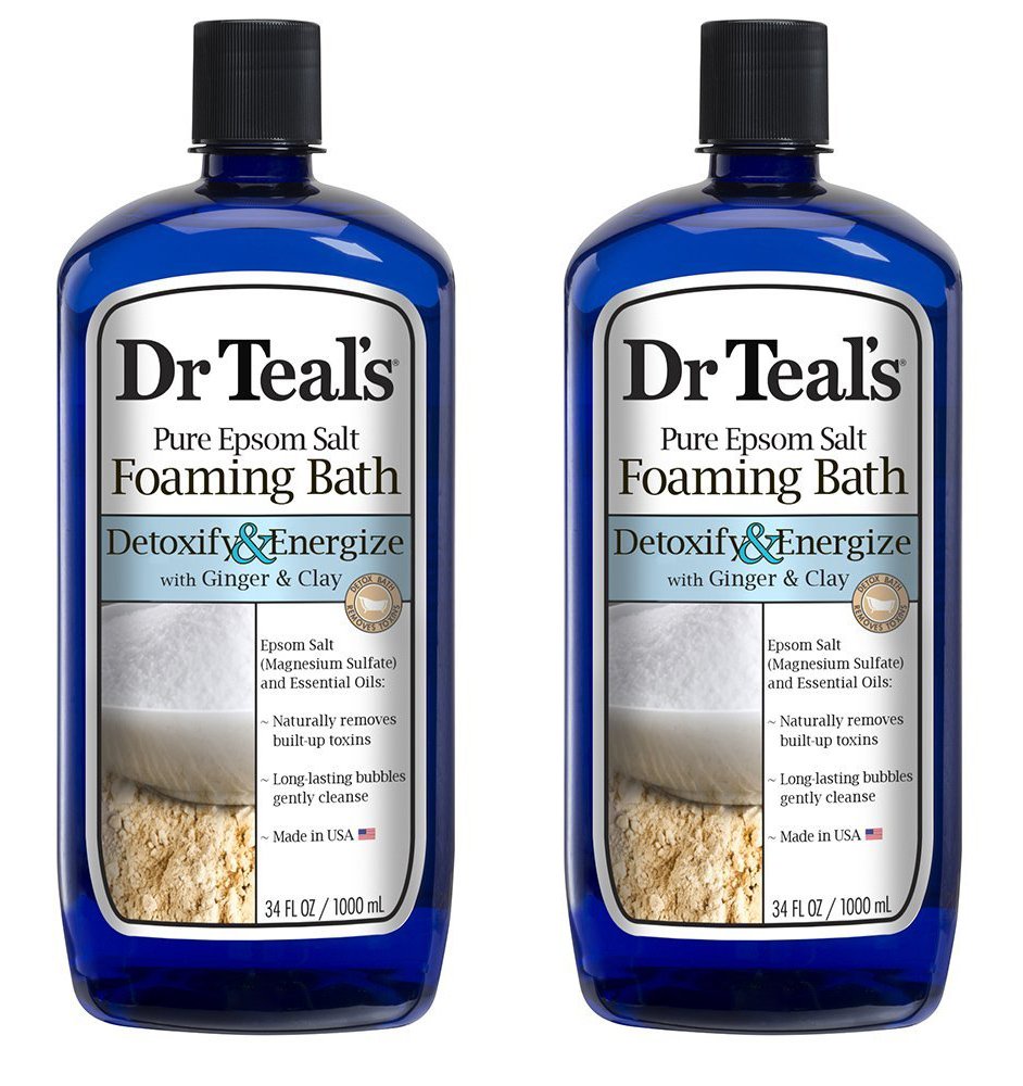 Dr Teal's Ginger & Clay foaming bath bottle front plus ginger aroma for relaxation.