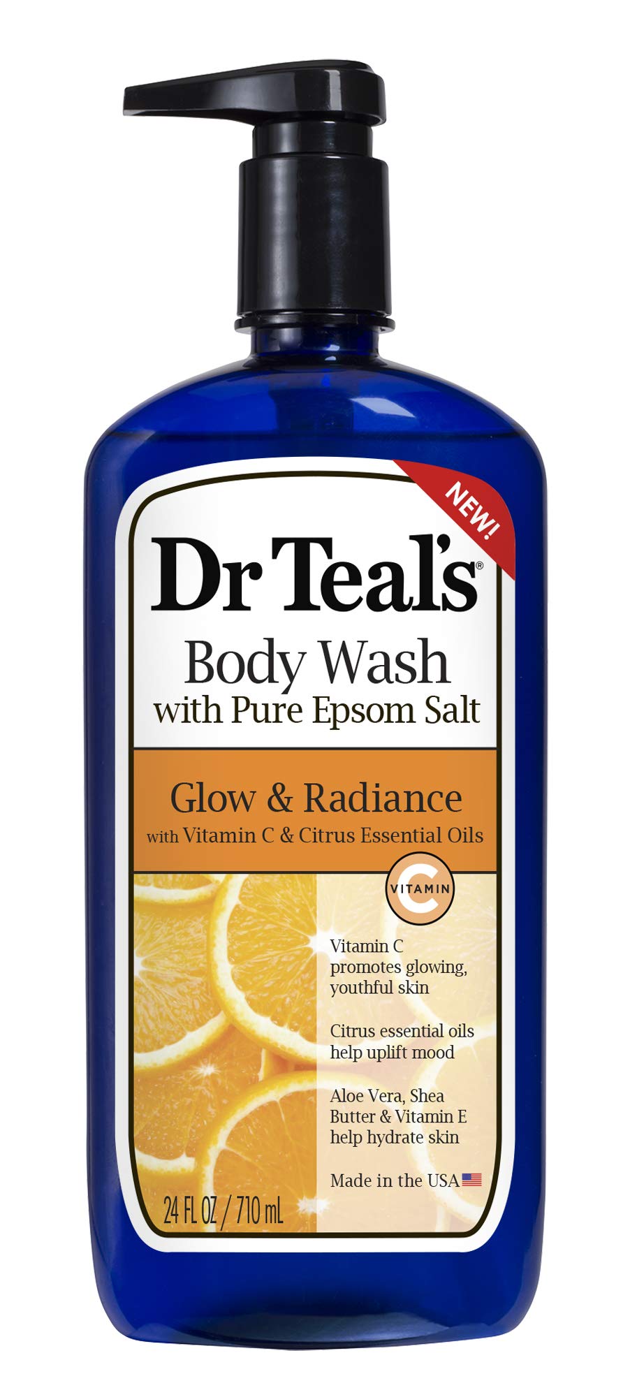 Dr Teal's Glow & Radiance body wash bottle with vitamin C and citrus oils for radiant skin.
