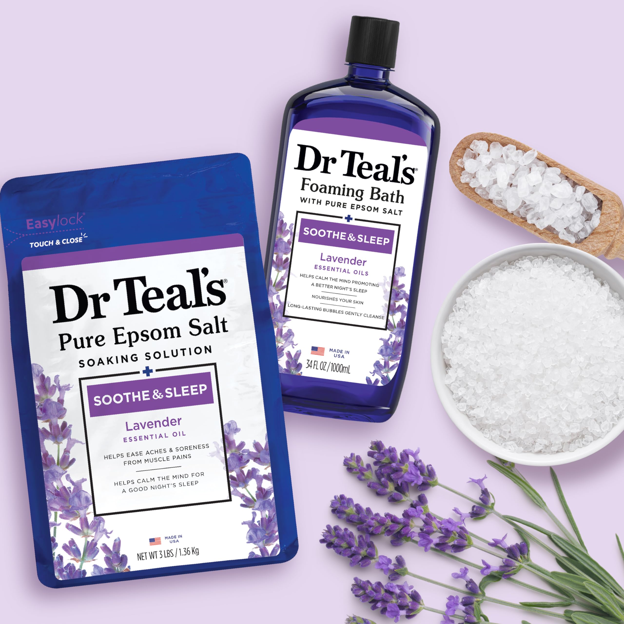Dr Teal's Lavender Epsom Salt closeup label, shows mineral soak benefits