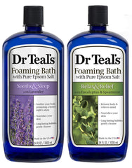 Dr Teal's Lavender Foaming Bath bottle pour, inviting a calming soak for stress relief.