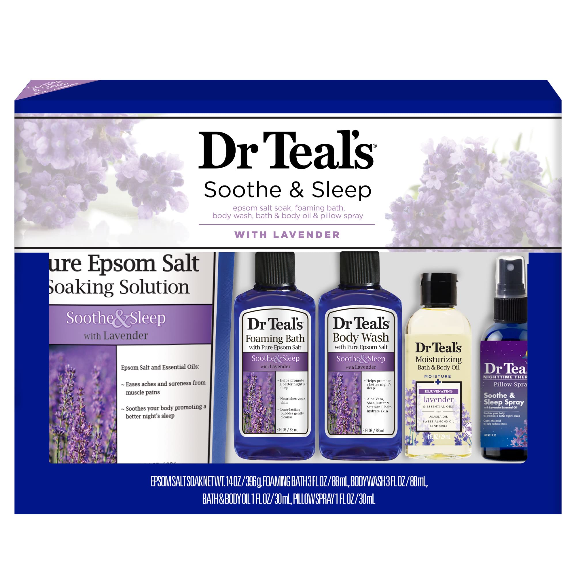 Dr Teal's Lavender Soothe & Sleep Epsom Salt bottle for relaxing muscles and evenings.