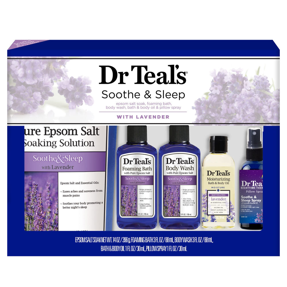 Dr Teal's Lavender Soothe & Sleep Epsom Salt bottle for relaxing muscles and evenings.