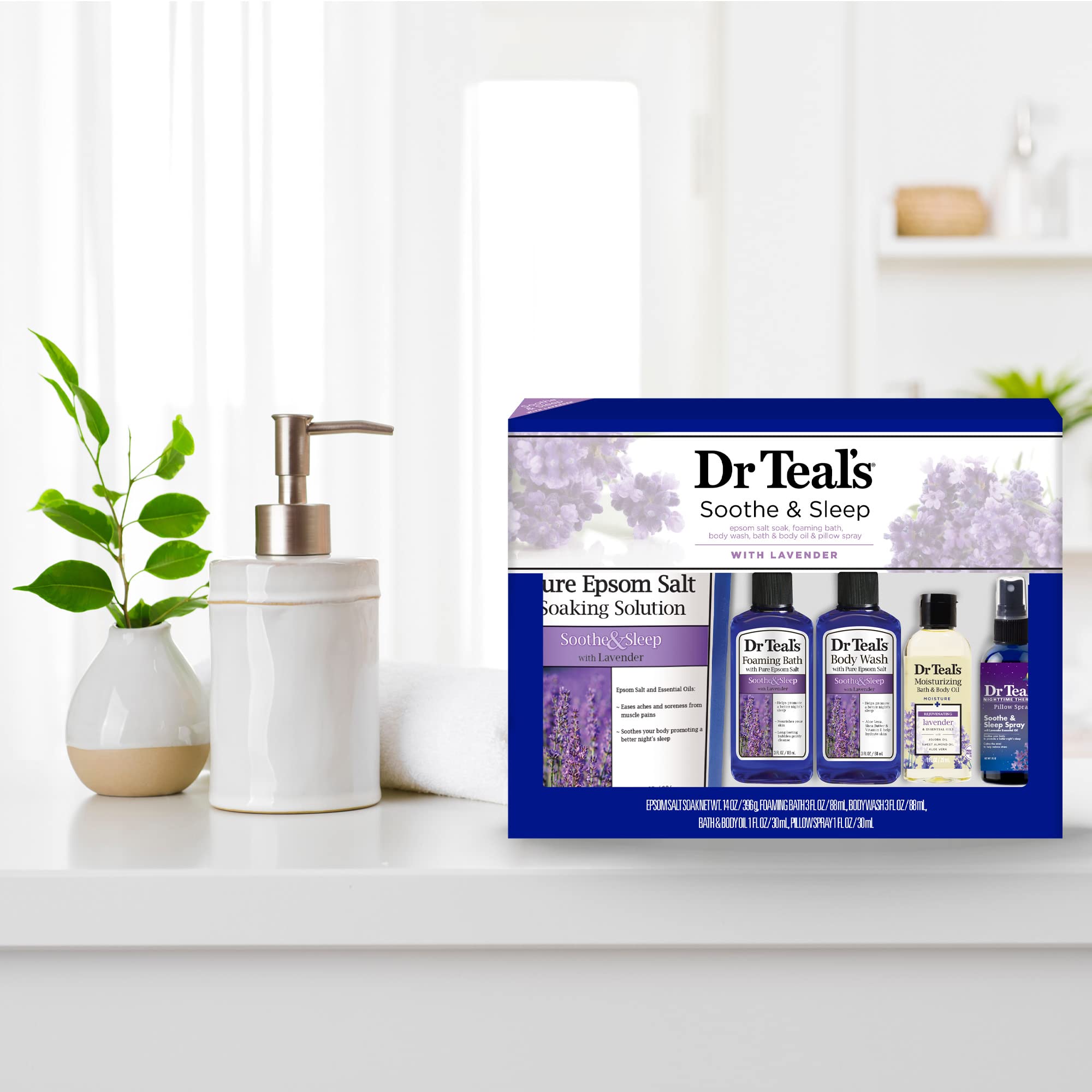 Dr Teal's Lavender Pillow Spray bottle enhances bedtime with calming scent.