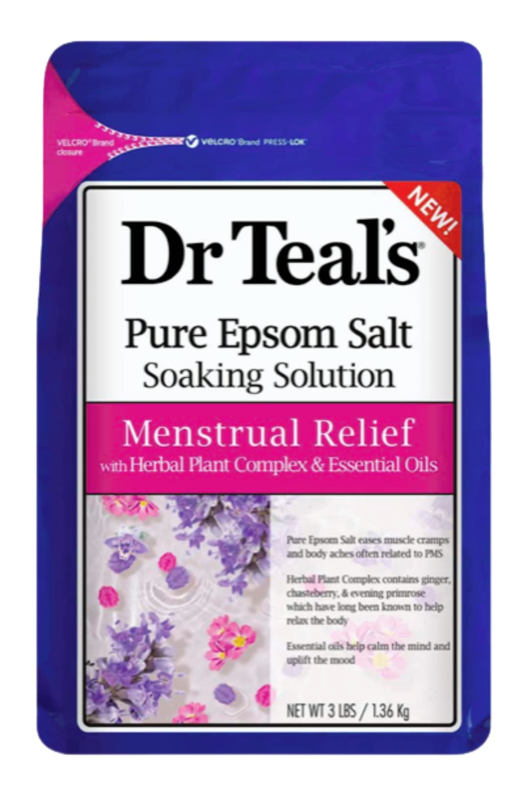 Dr Teal's Menstrual Relief Epsom Salt bath image illustrating relaxation for PMS-related discomfort.