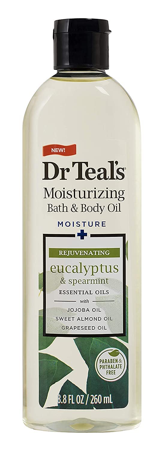 Dr Teal's Nourishing Coconut Oil bath oil bottle for dry skin hydration.