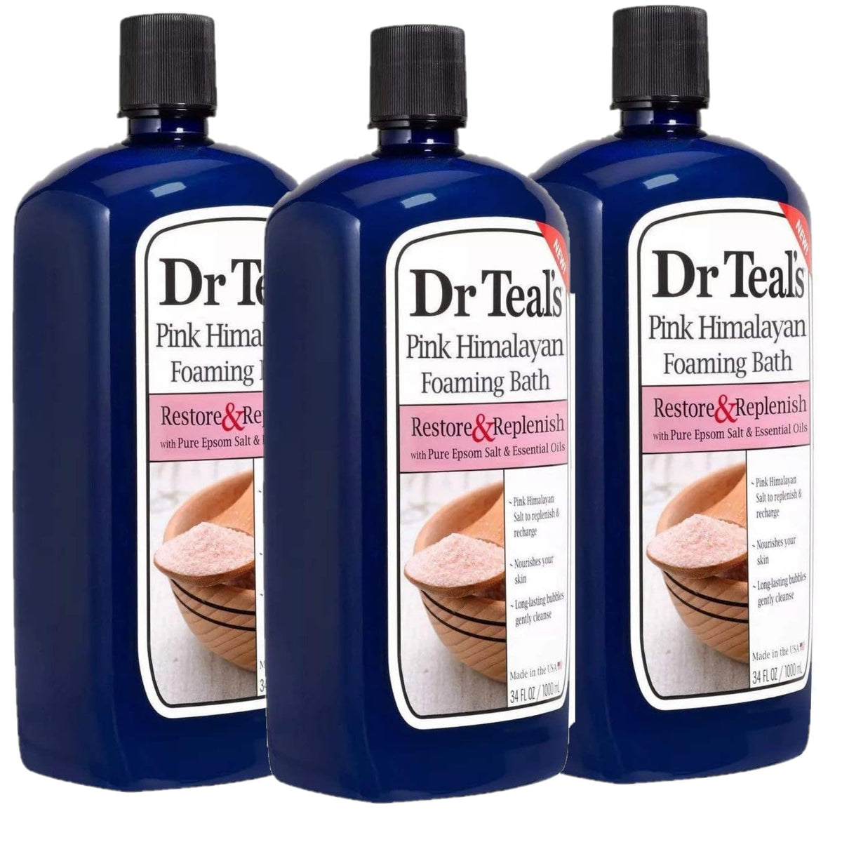 Dr Teal's Pink Himalayan Salt Foam Bath bottle pour, relaxing bath ritual.