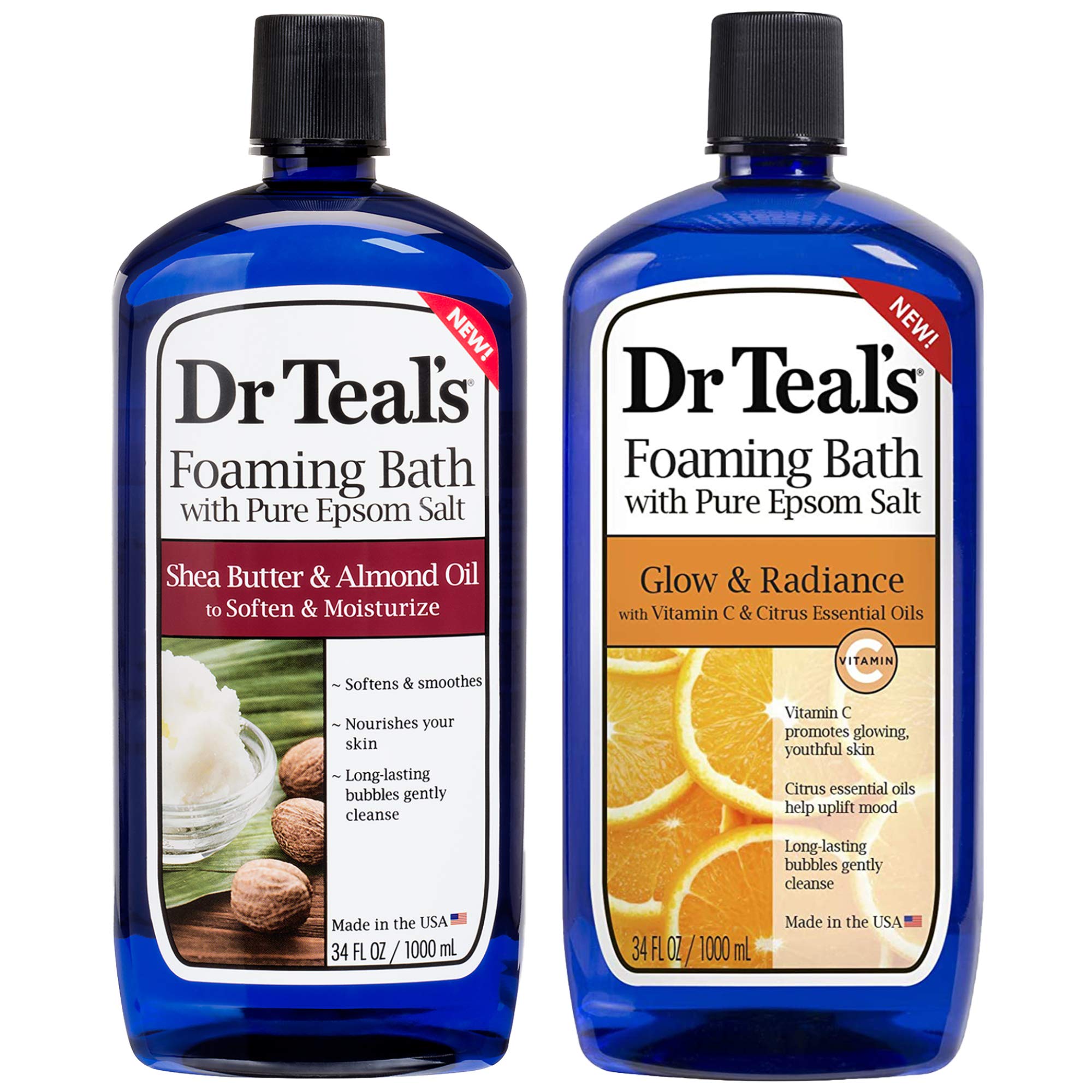 Dr Teal's Shea Butter and Almond Oil foaming bath bottle shows rich moisture for dry skin.
