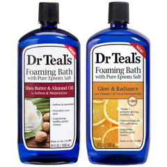 Dr Teal's Shea Butter and Almond Oil foaming bath bottle shows rich moisture for dry skin.