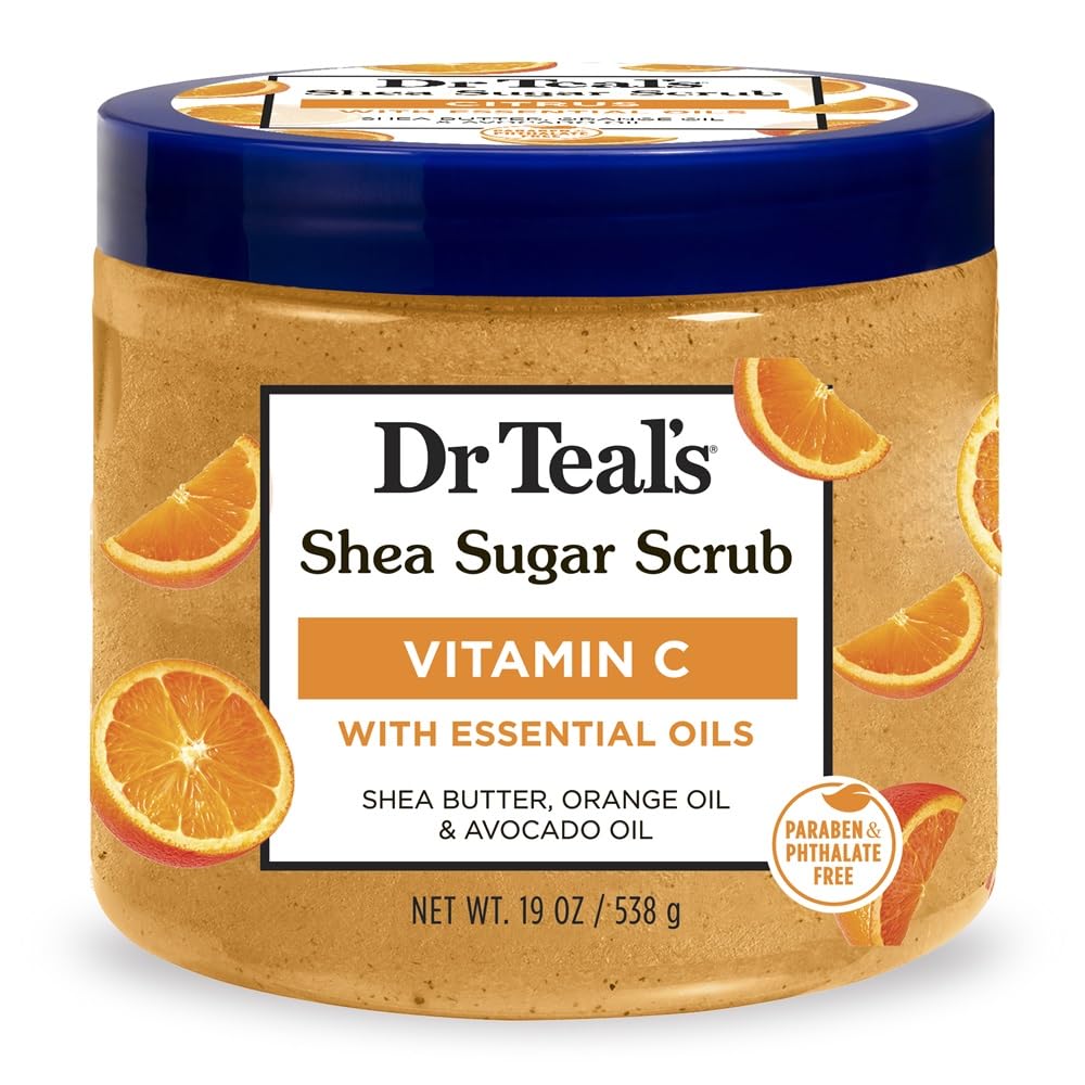 Dr Teal's Shea Sugar Body Scrub Citrus bottle pours with refreshing scent and exfoliation.