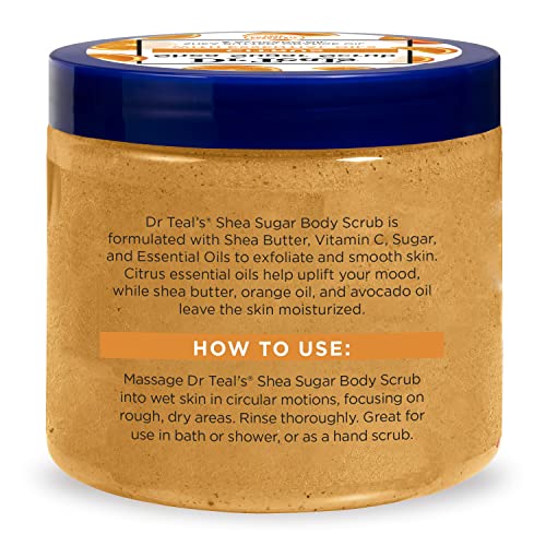Dr Teal's Shea Sugar Body Scrub Citrus jar front highlights moisturizing shea butter.