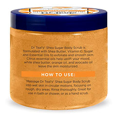 Dr Teal's Shea Sugar Body Scrub Citrus jar front highlights moisturizing shea butter.