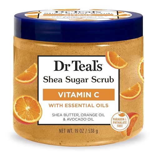 Dr Teal's scrub citrus texture closeup shows sugar grains for gentle exfoliation.