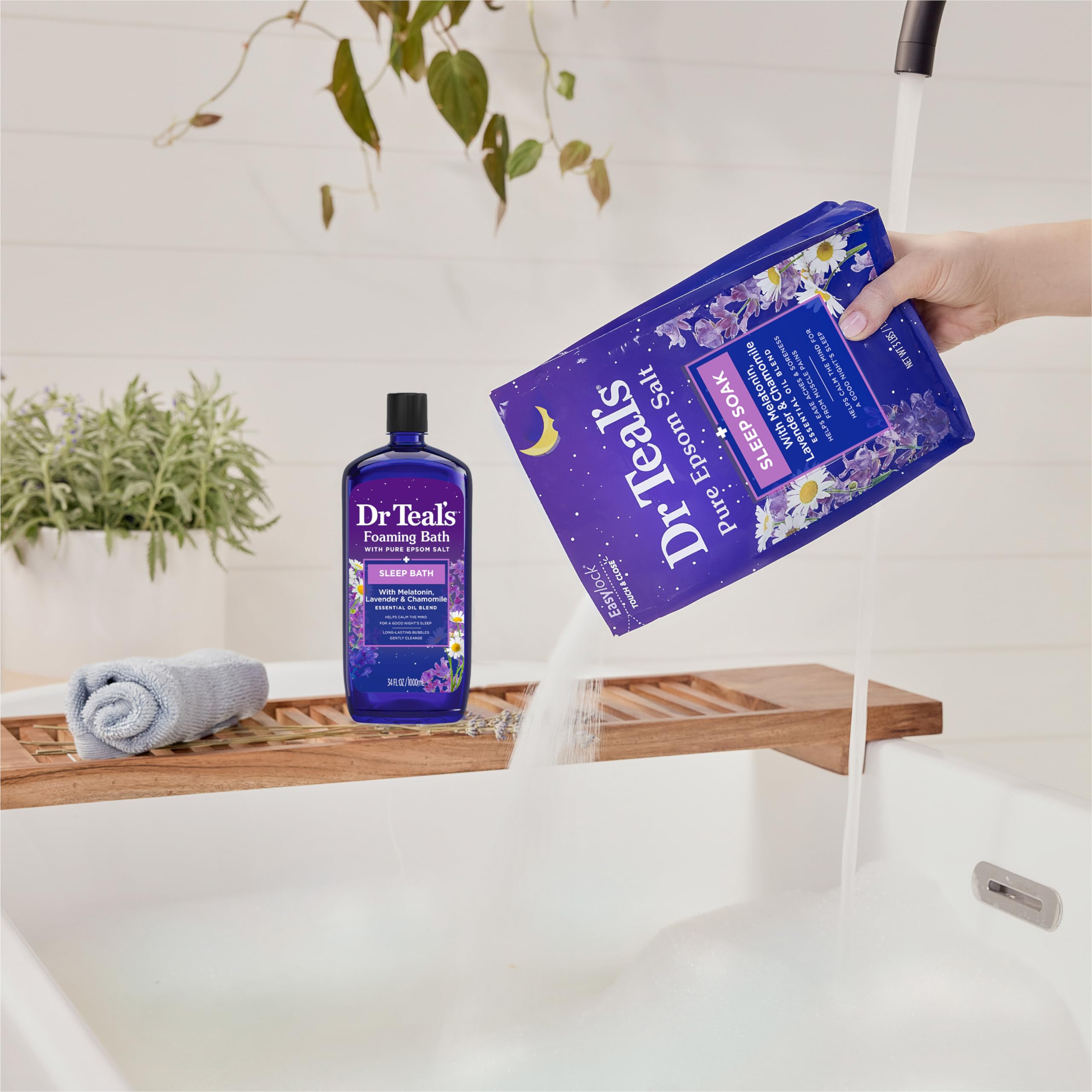 Dr Teal's Sleep Blend bottle with melatonin emphasizes nighttime self-care routine.