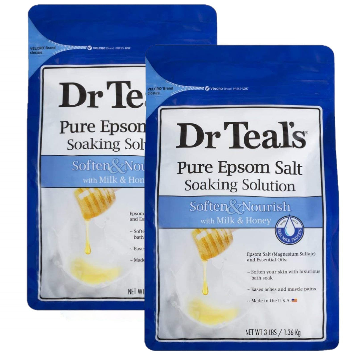 Dr Teal's Soften & Nourish Milk & Honey bath salts 2-pack packaging for easy soaking.