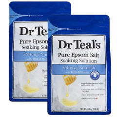 Dr Teal's Soften & Nourish Milk & Honey bath salts 2-pack packaging for easy soaking.