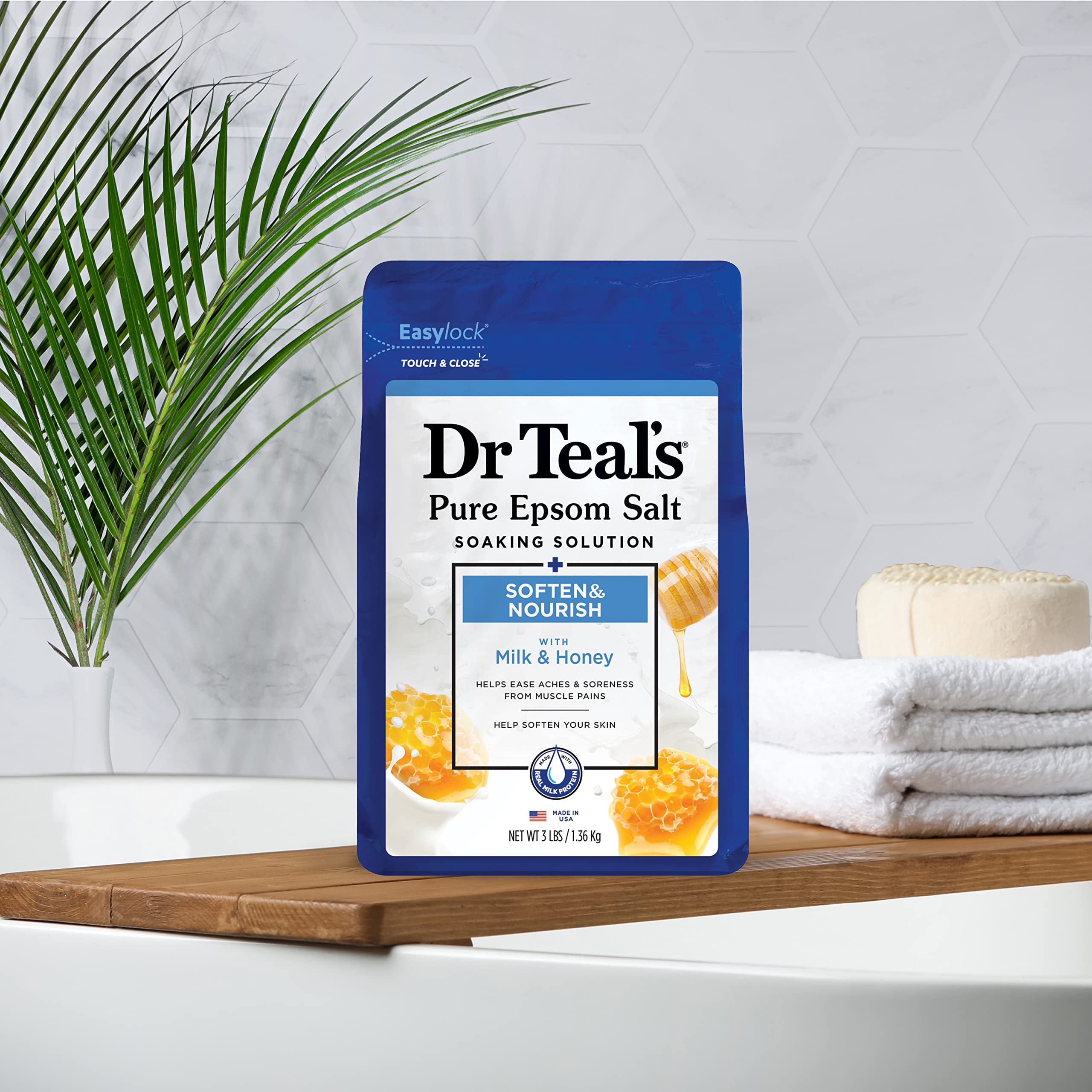 Dr Teal's soothing bath experience image suggests relaxation ritual.