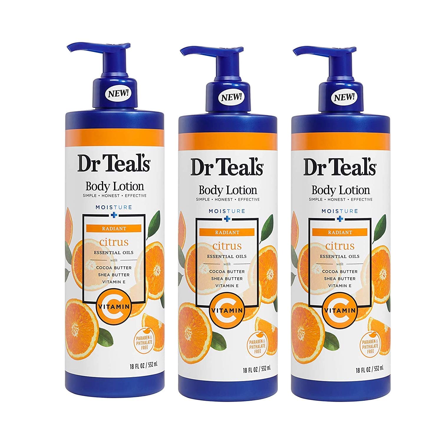 Dr Teal's Vitamin C Citrus Body Lotion 3-pack with glow focus, hydration, and uplifting citrus scent.