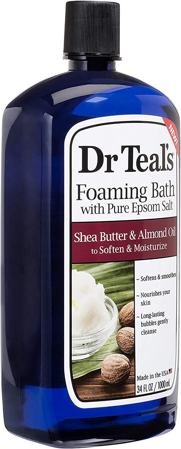 Dr Teal's Vitamin C and Citrus foaming bath bottle highlights radiant skin and energizing scent.