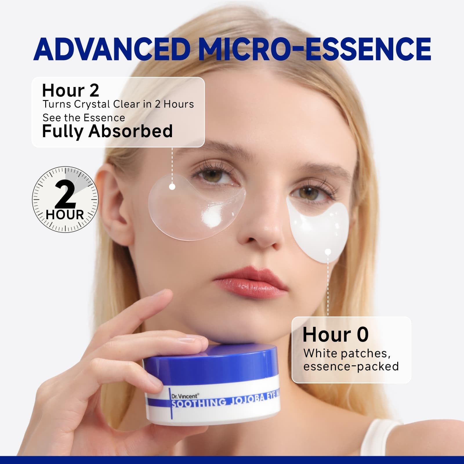 Dr Vincent crystal collagen patch close-up suggests fast absorption and soothing serum.