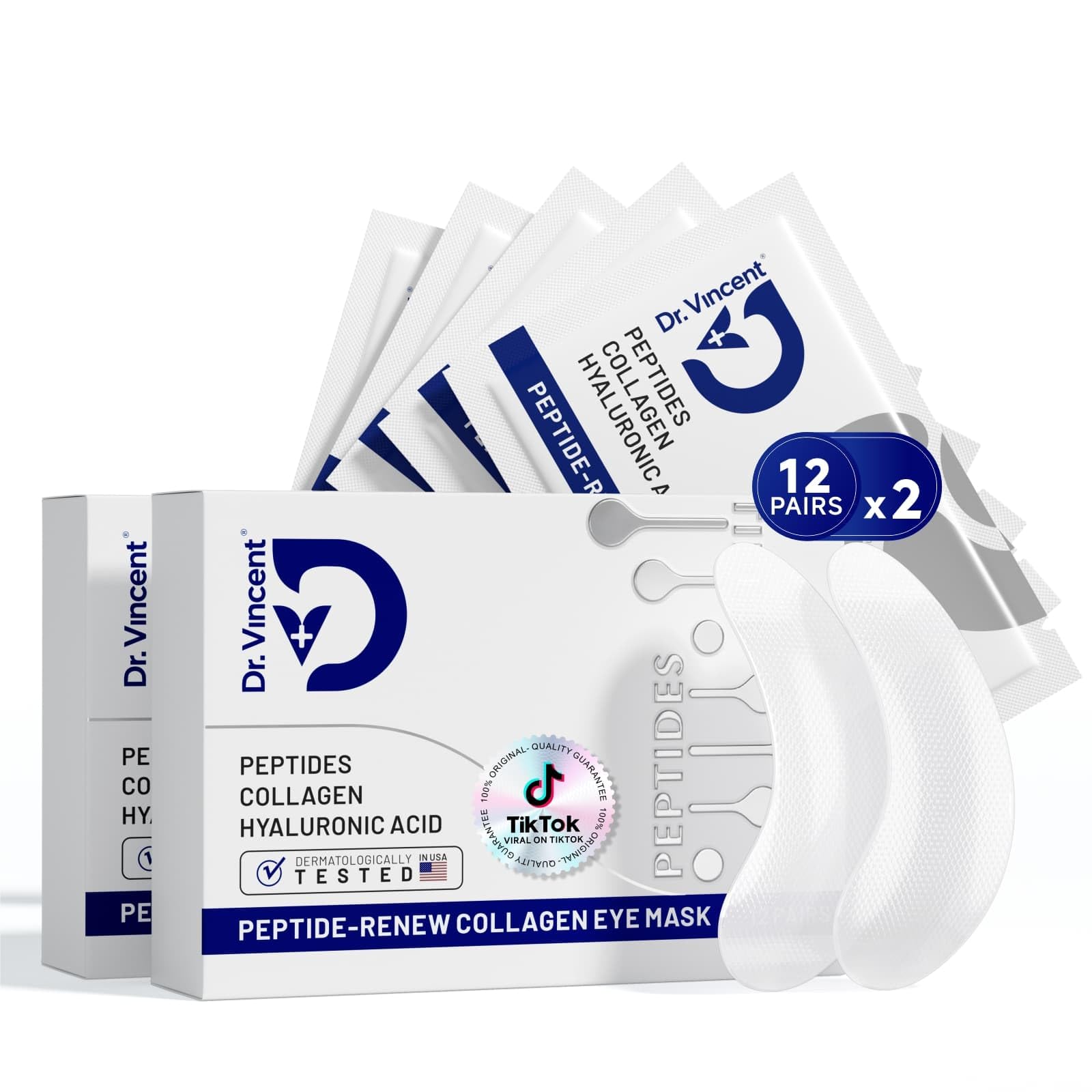 Dr Vincent packaging shows premium peptide under-eye patches for easy at-home skincare.