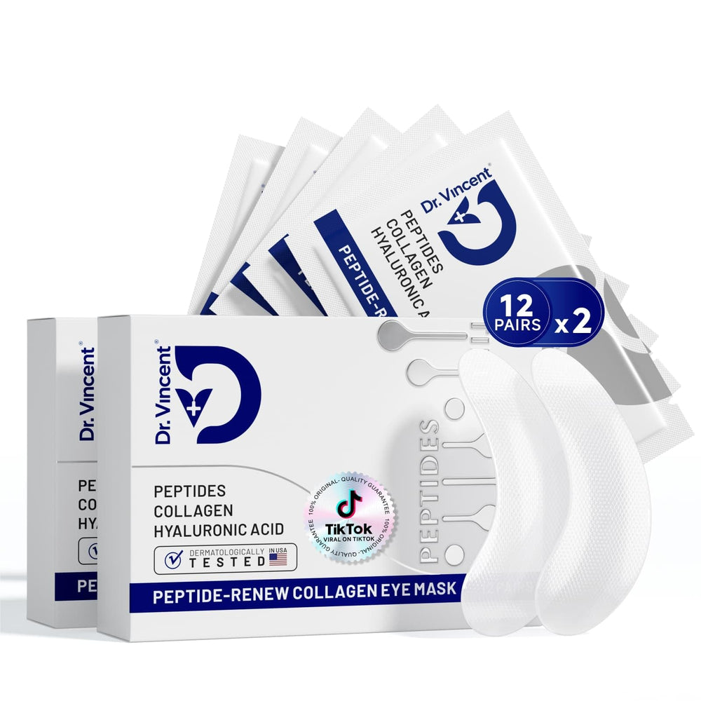 Dr Vincent packaging shows premium peptide under-eye patches for easy at-home skincare.