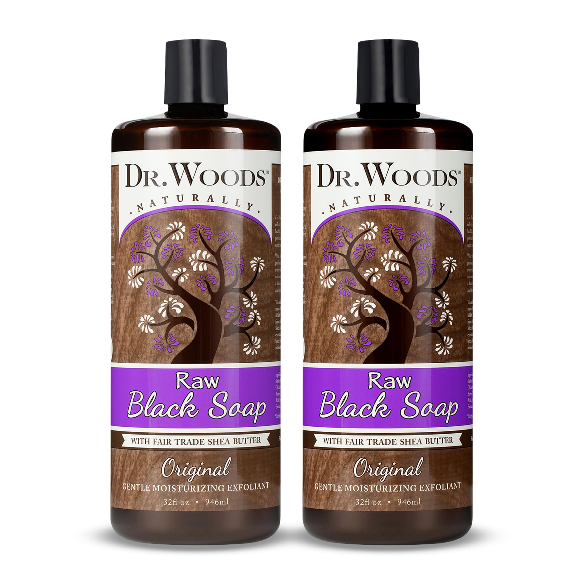 Dr. Woods Raw African Black Soap bottle with rich lather for daily hydration.