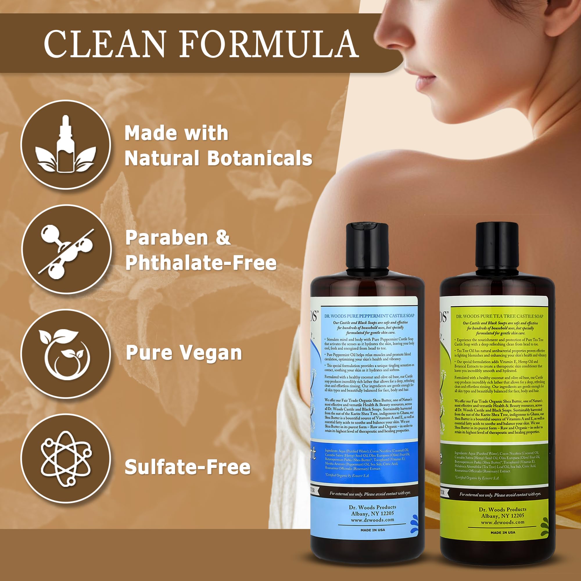 Dr. Woods Castile Soap foamy lather provides gentle cleansing without drying.