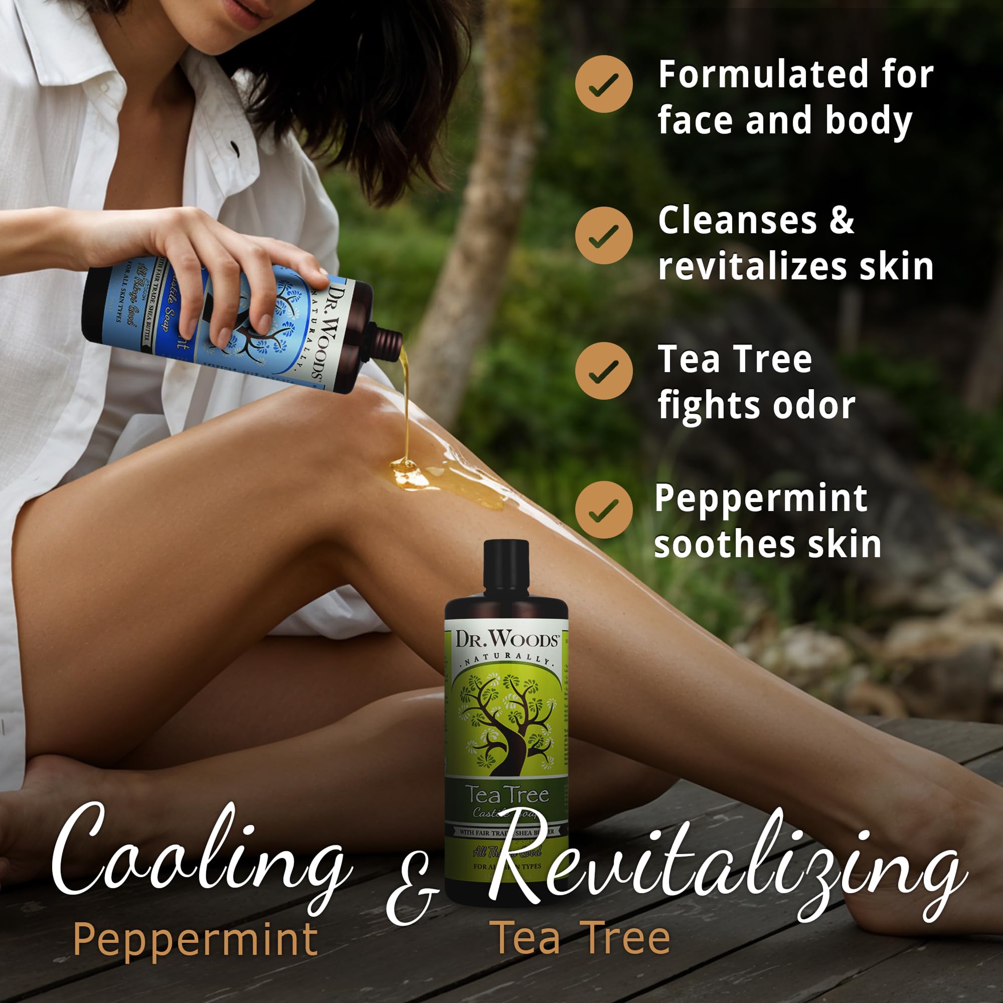 Dr. Woods Castile Soap pour creates rich foam for face, hands, and body.