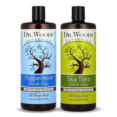 Dr. Woods Liquid Castile Soap bottle with tea tree and peppermint for refreshing cleanse.
