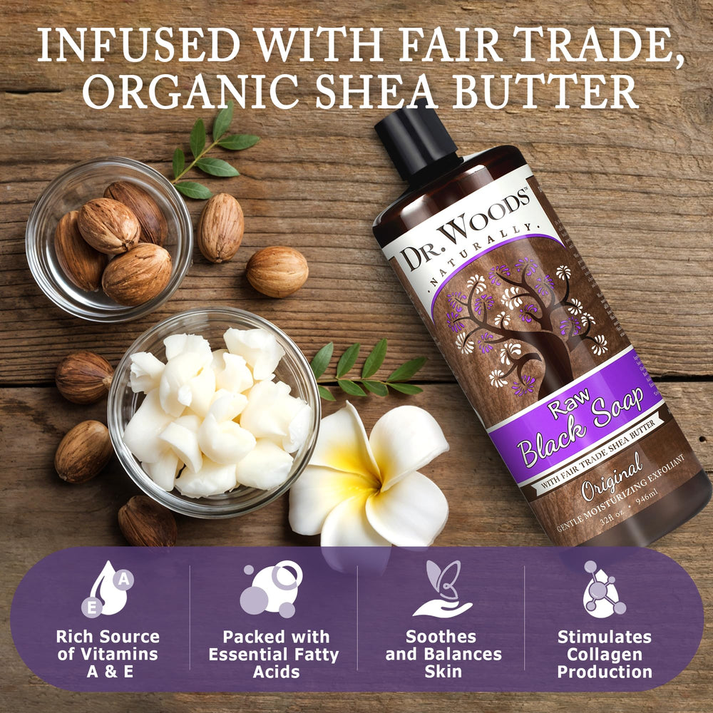 Dr. Woods liquid black soap with fair trade shea butter for conditioning