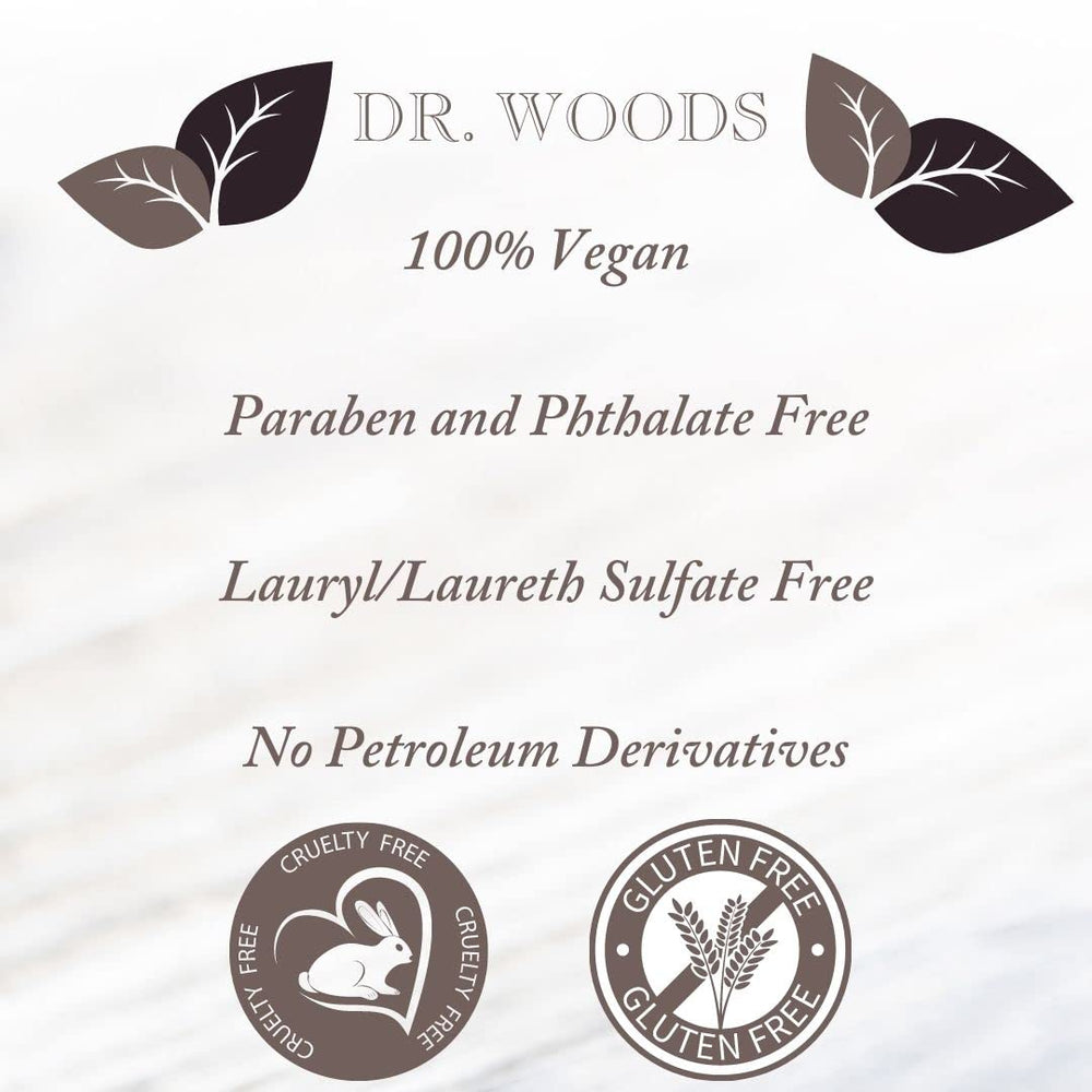 Dr. Woods Peppermint body wash in shower delivering refreshing scent and cleansing foam.