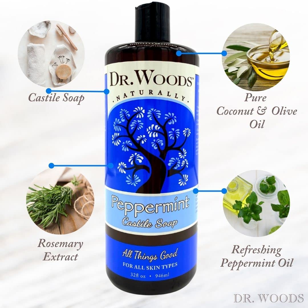 Dr. Woods Peppermint hand-wash with foamy bubbles for daily hygiene.