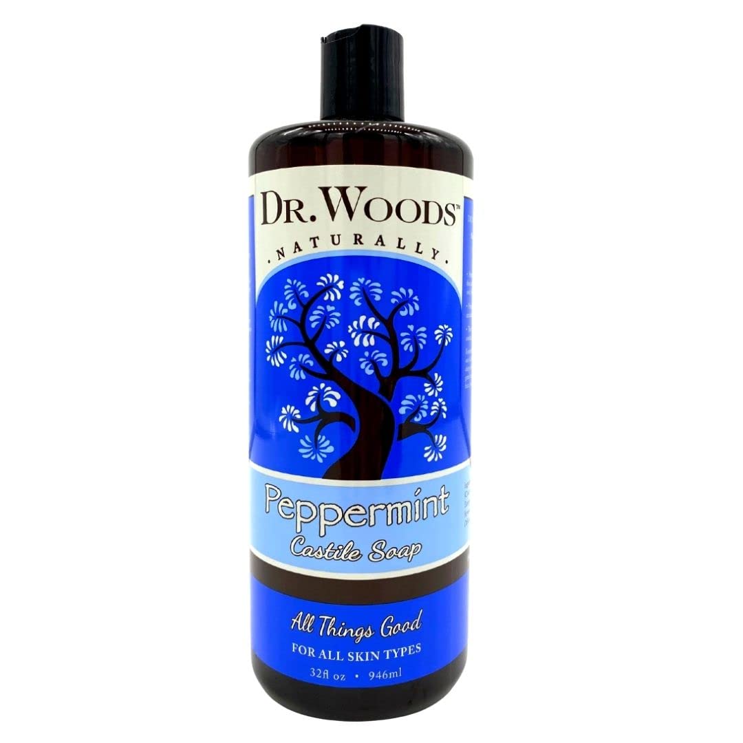 Dr. Woods Peppermint liquid castile soap bottle with rich lather for balanced cleansing.